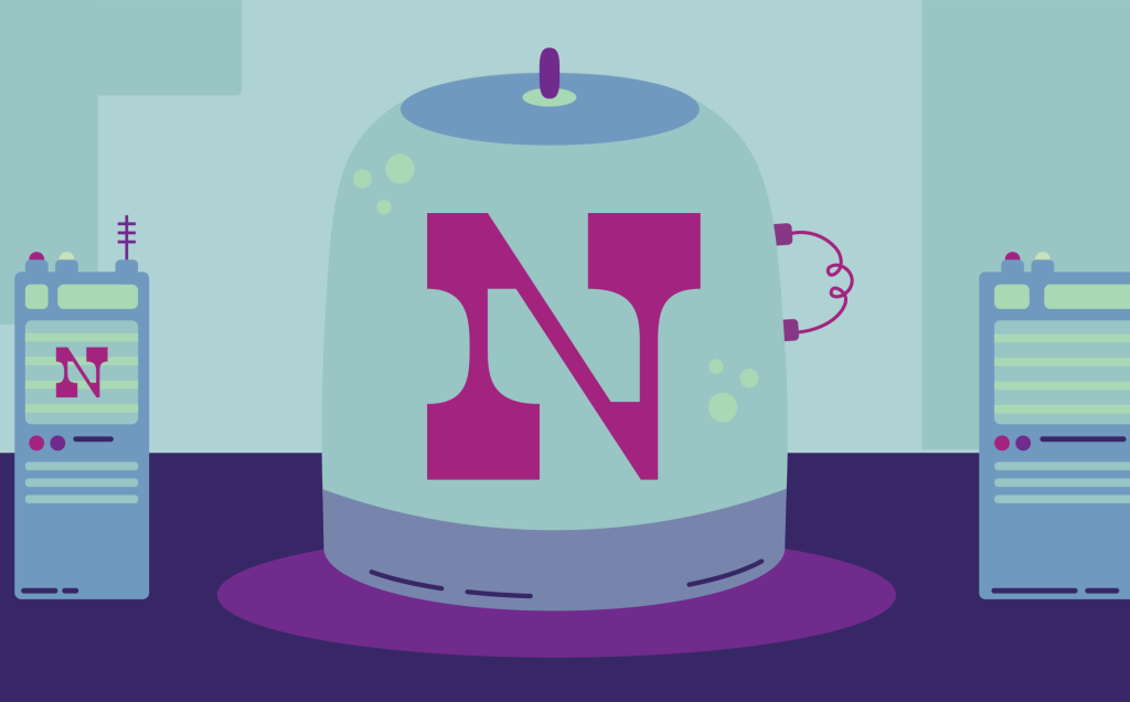Illustration of the letter N floating in a tank with wires and bubbles