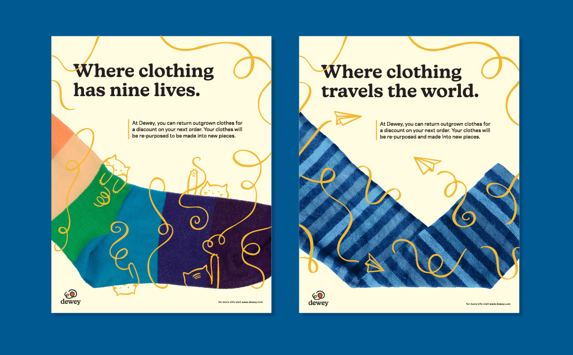 Image of two ads for Dewey. One has a sock coming out of the left side and the other has a t-shirt coming out of the left side, with illustrative elements surrounding the clothing items.